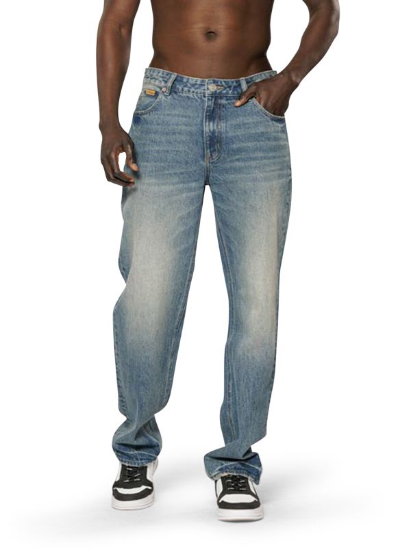 ג’ינס WIDE LEG כחול משופשף עם קרעים לגברים