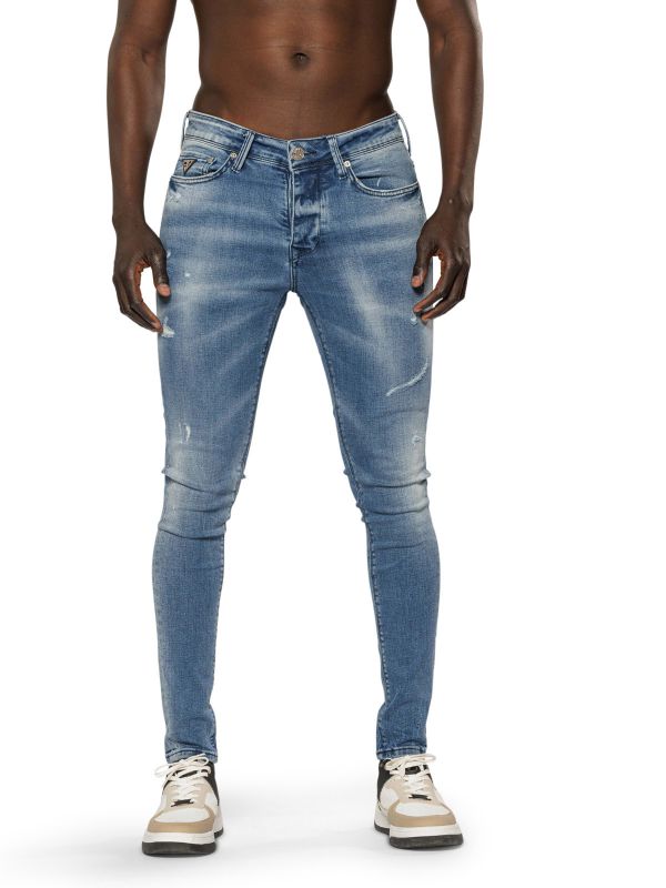 מכנסי ג’ינס סקיני בצבע כחול בהיר משופשף עם קרעים לגברים
