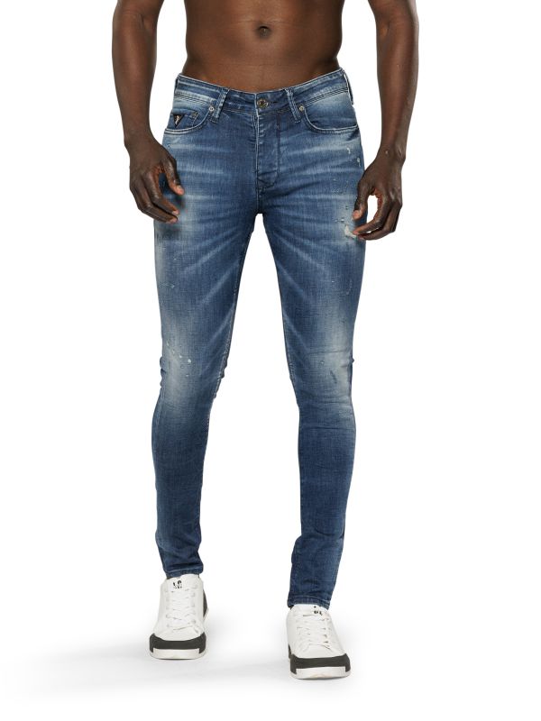 מכנסי ג’ינס סקיני בצבע כחול משופשף עם קרעים לגברים