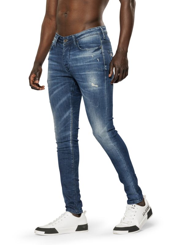 מכנסי ג’ינס סקיני בצבע כחול משופשף עם קרעים לגברים