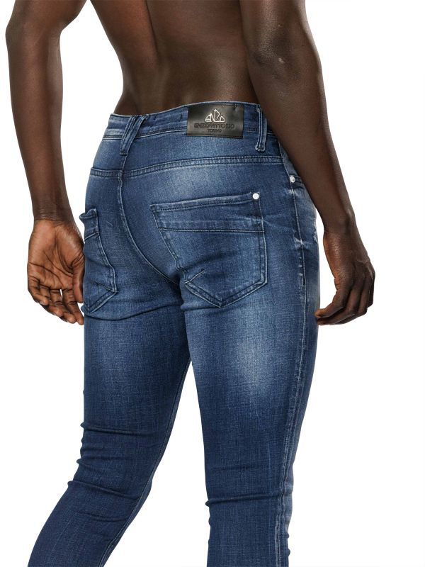 מכנסי ג’ינס סקיני בצבע כחול משופשף עם קרעים לגברים