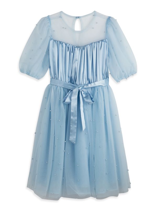 שמלה חגיגית עם שרוולים נפוחים ופפיון לילדות